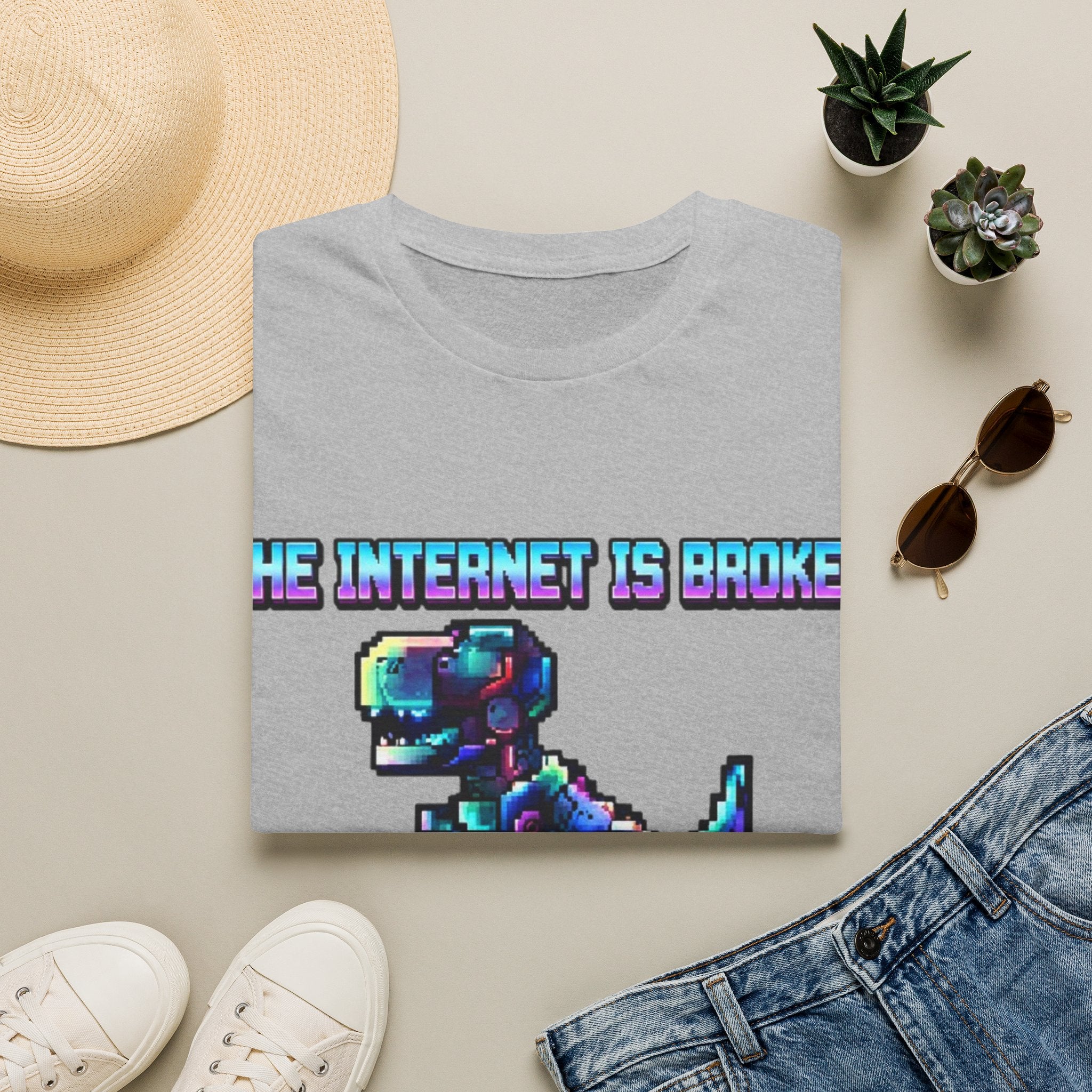 Internet Is Broke Adult  T-Shirt — Retro Pixel Dino "So Am I" Graphic Tee