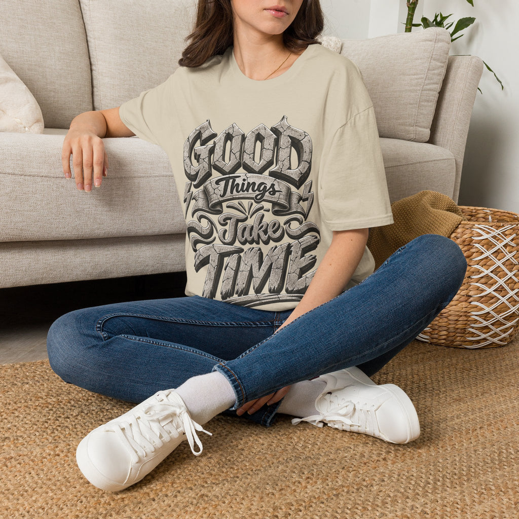 Adult T-Shirt — 'Good Things Take Time' Vintage Script Graphic Tee