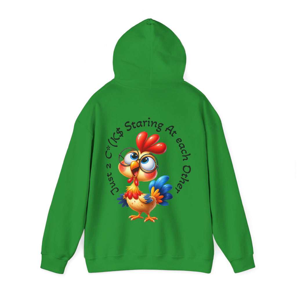 Adult Hoodie — Cute Cartoon Chicken “Just 2 C*#ks Staring At Each Other” Funny Graphic Hoodie