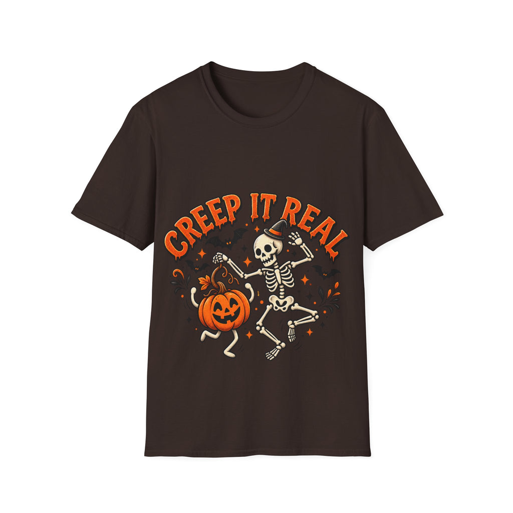 Creep It Real Halloween Adult T-Shirt — Dancing Skeleton & Pumpkin Graphic