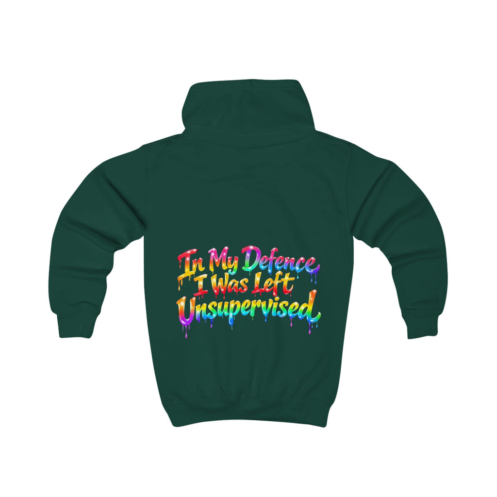 Kids Hoodie - "In My Defense I Was Left Unsupervised" Colorful Drip Graphic