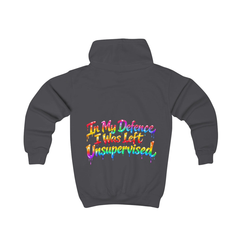 Kids Hoodie - "In My Defense I Was Left Unsupervised" Colorful Drip Graphic