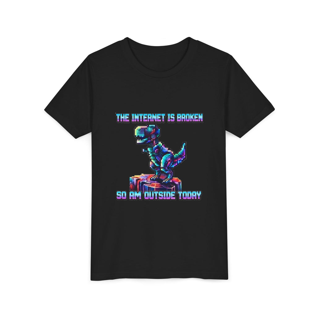 Kids T shirt — Retro Robot Dino “The Internet Is Broken So I’m Outside Today”