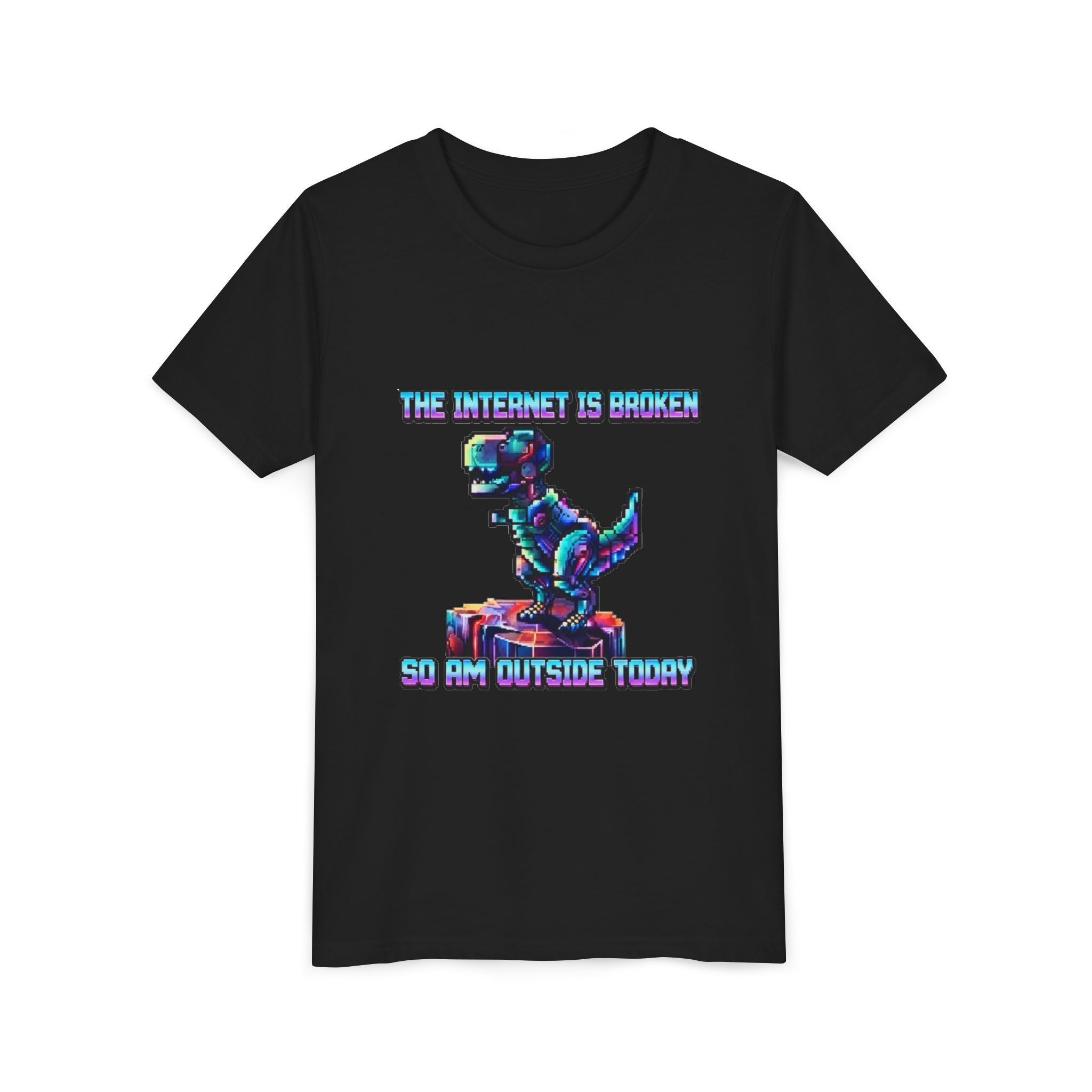 Kids T shirt — Retro Robot Dino “The Internet Is Broken So I’m Outside Today”
