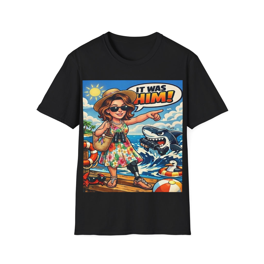 Adult T-Shirt — 'It Was Him!' Beach Shark Graphic Tee