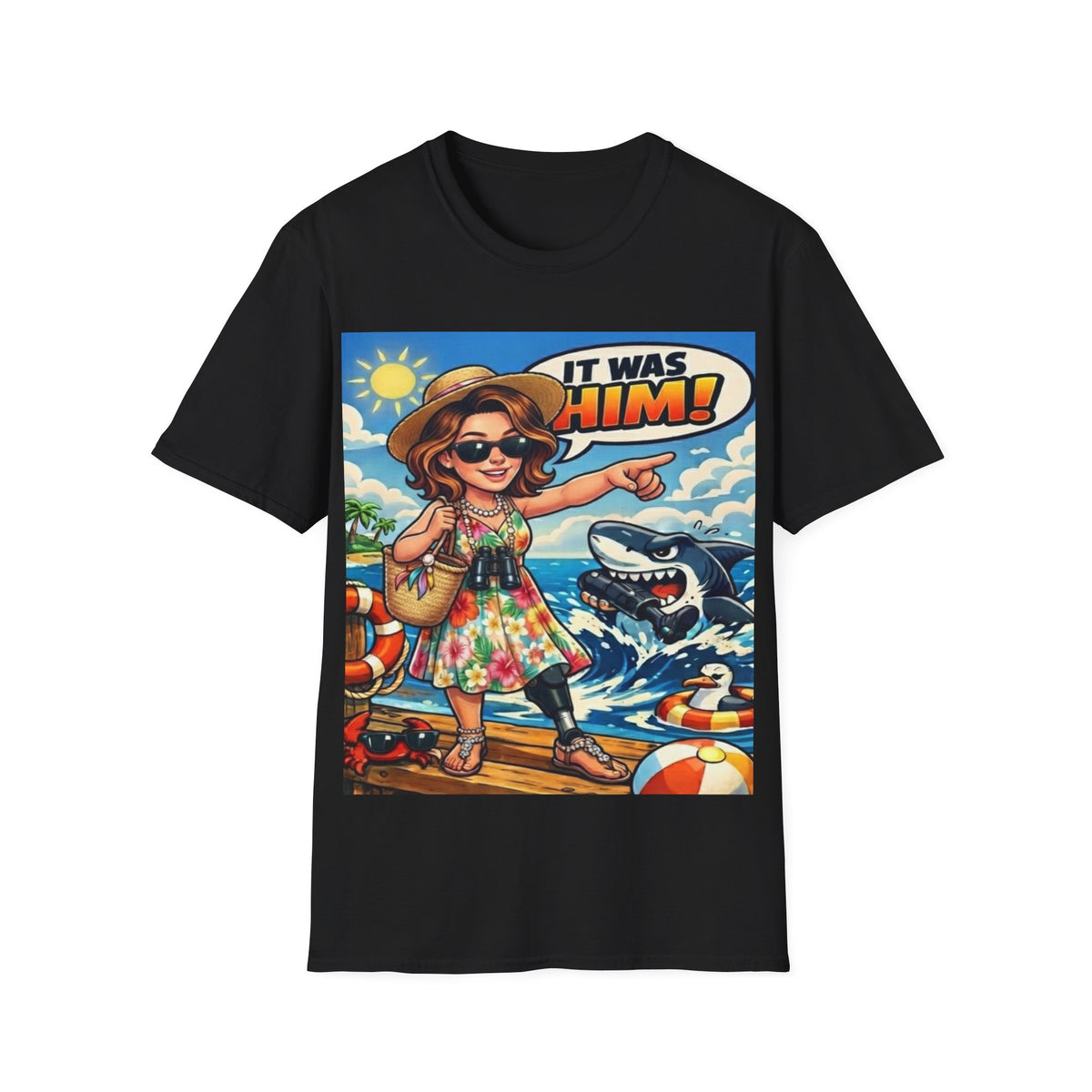Adult T-Shirt — 'It Was Him!' Beach Shark Graphic Tee