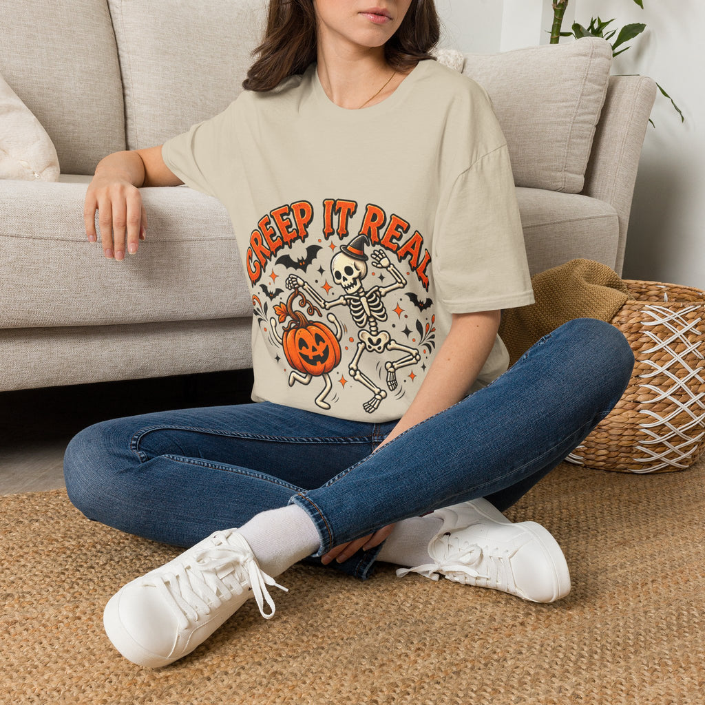 Creep It Real Halloween Adult T-Shirt — Dancing Skeleton & Pumpkin Graphic