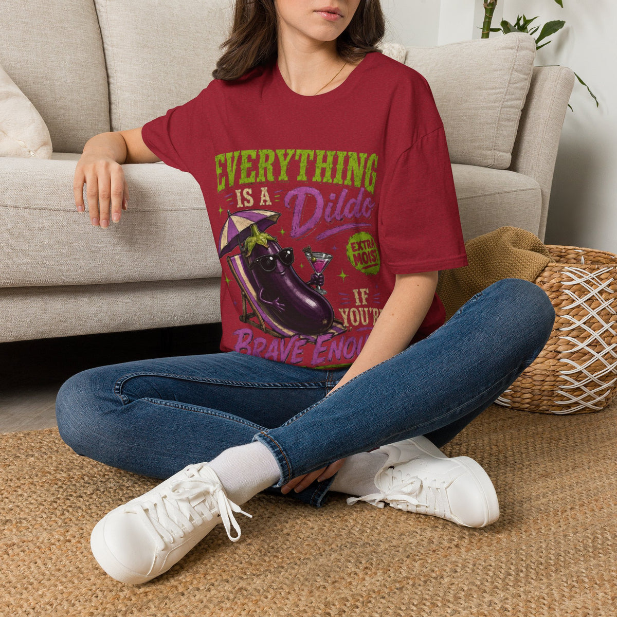 Graphic Adult T‑Shirt — "Everything Is a Dildo" Humorous Eggplant Design