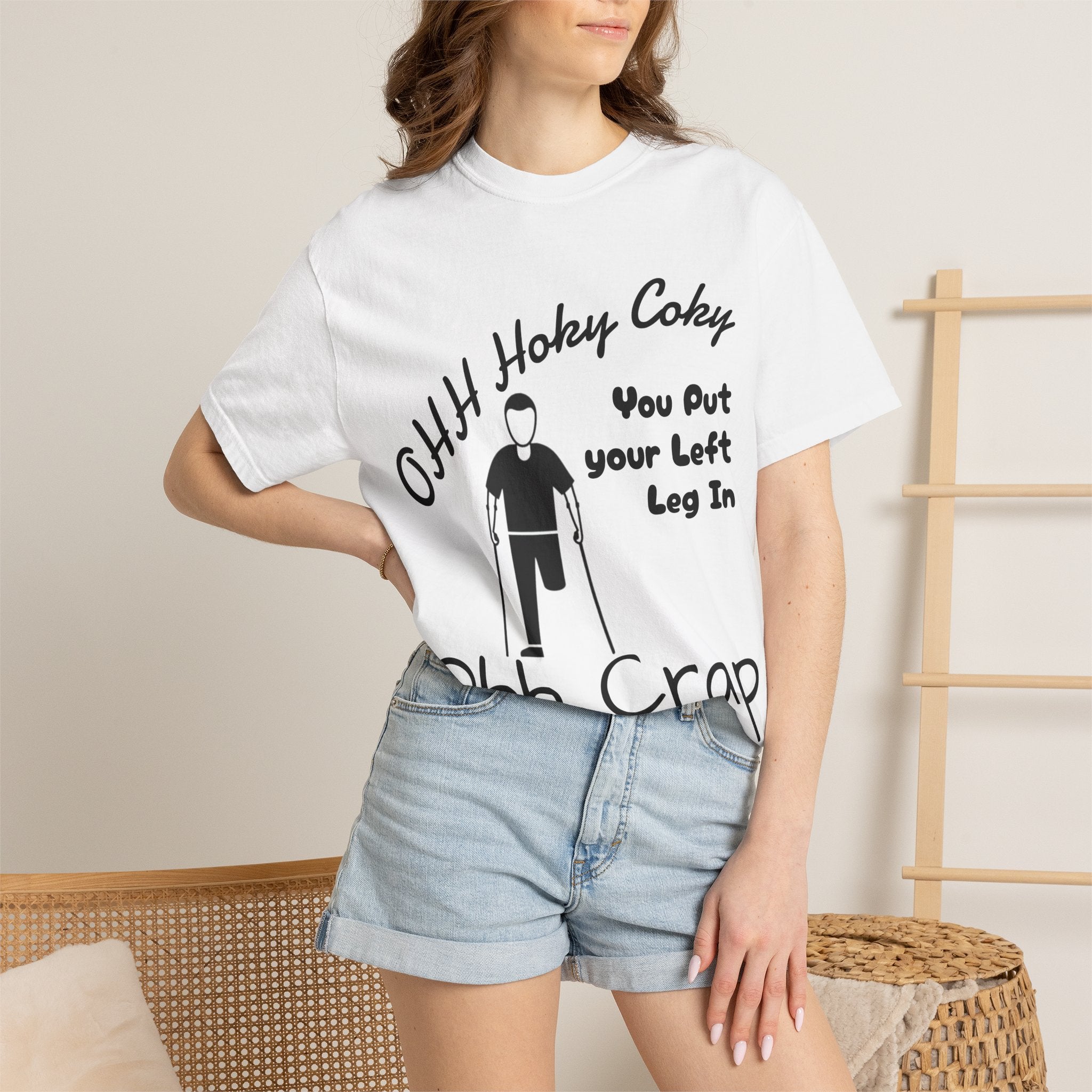 Ohh Hokey Cokey Prosthetic Leg Adult T-Shirt — "You Put Your Left Leg In, Ohh Crap" Funny Disability Humor Tee