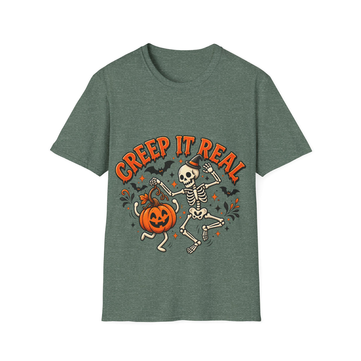 Creep It Real Halloween Adult T-Shirt — Dancing Skeleton & Pumpkin Graphic