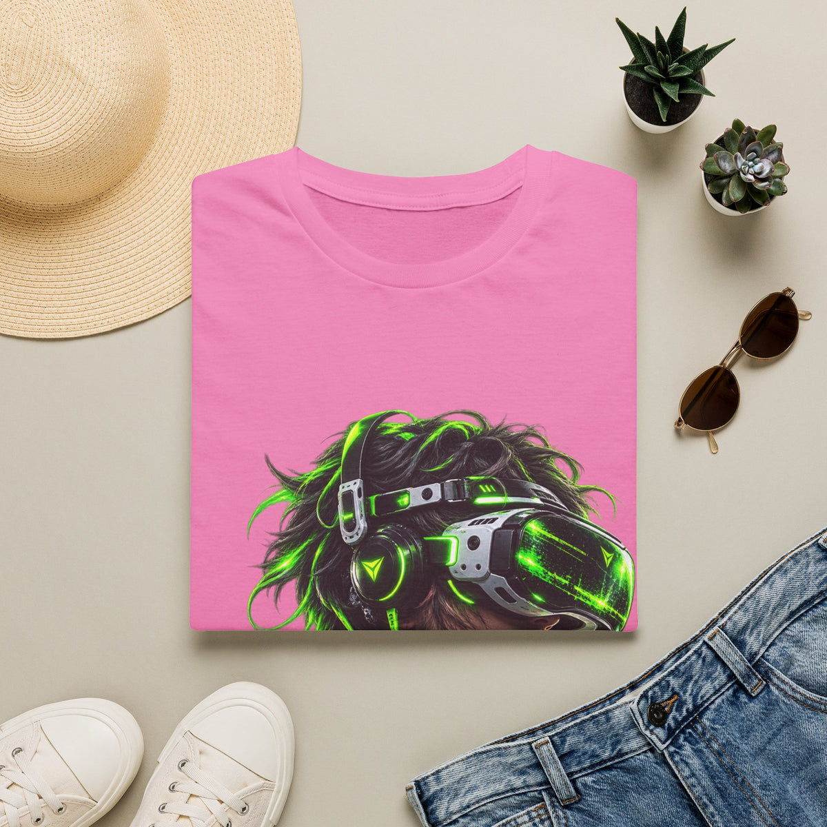 Cyberpunk VR Gamer Adult T-Shirt — Neon Green Virtual Reality Jacket Design