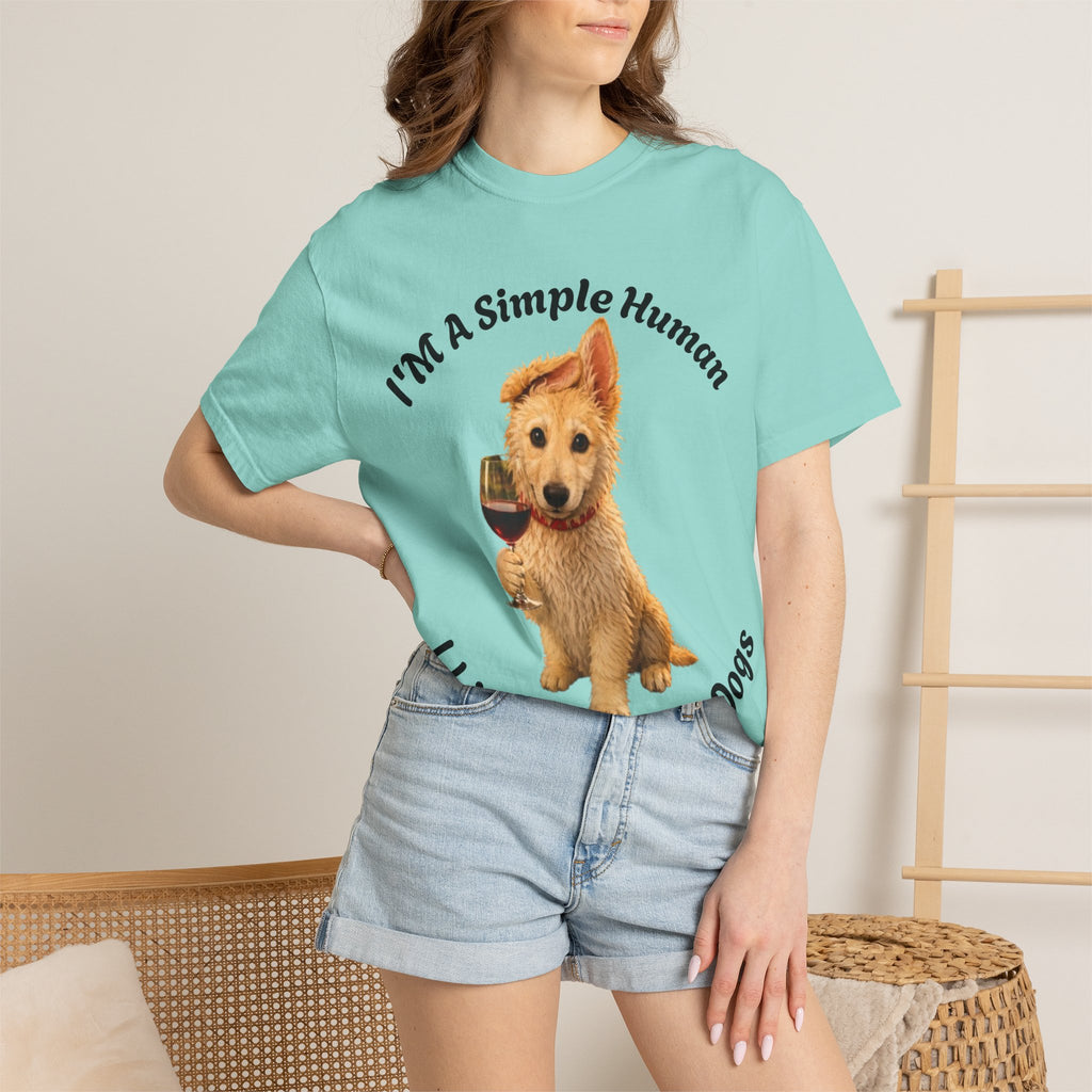 Adult T-Shirt — "I'm A Simple Human I Like Wine And Dogs" Cute Dog & Wine Graphic Tee