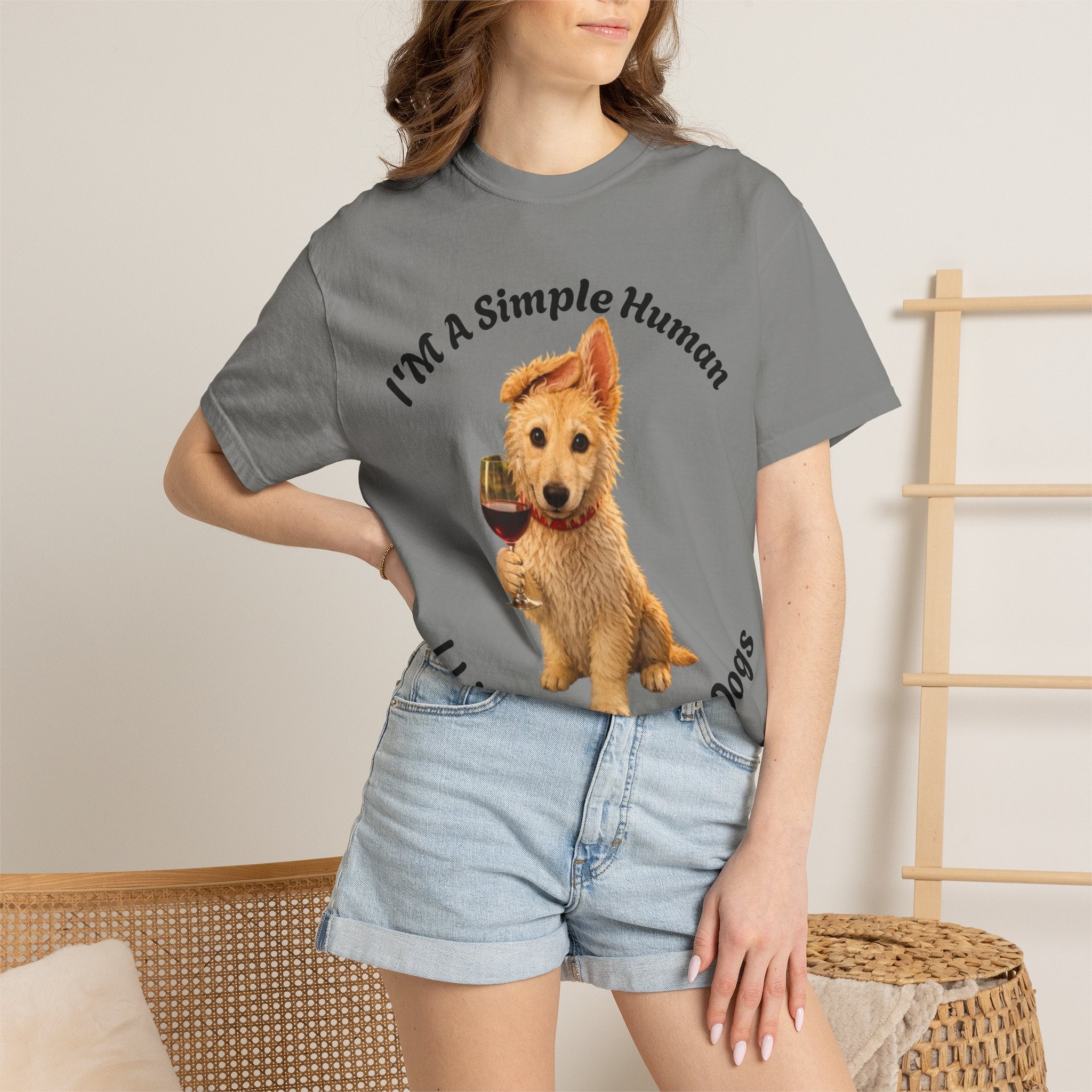 Adult T-Shirt — "I'm A Simple Human I Like Wine And Dogs" Cute Dog & Wine Graphic Tee