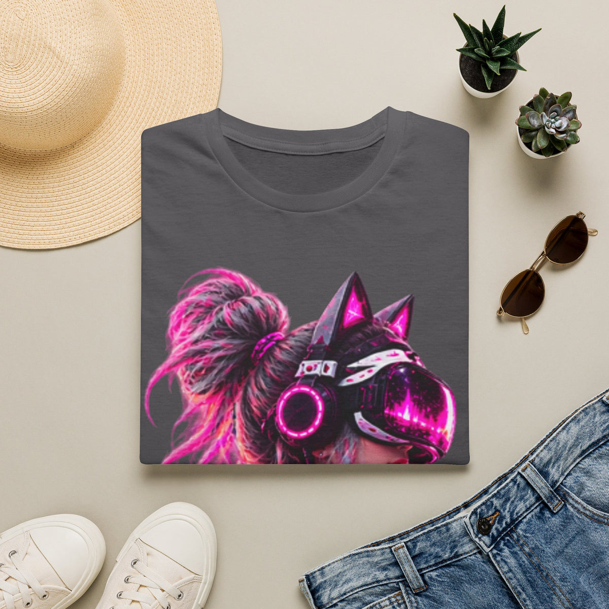Cat VR Gamer Adult T‑Shirt — Neon Pink Cyberpunk Kitty Gamer Tee