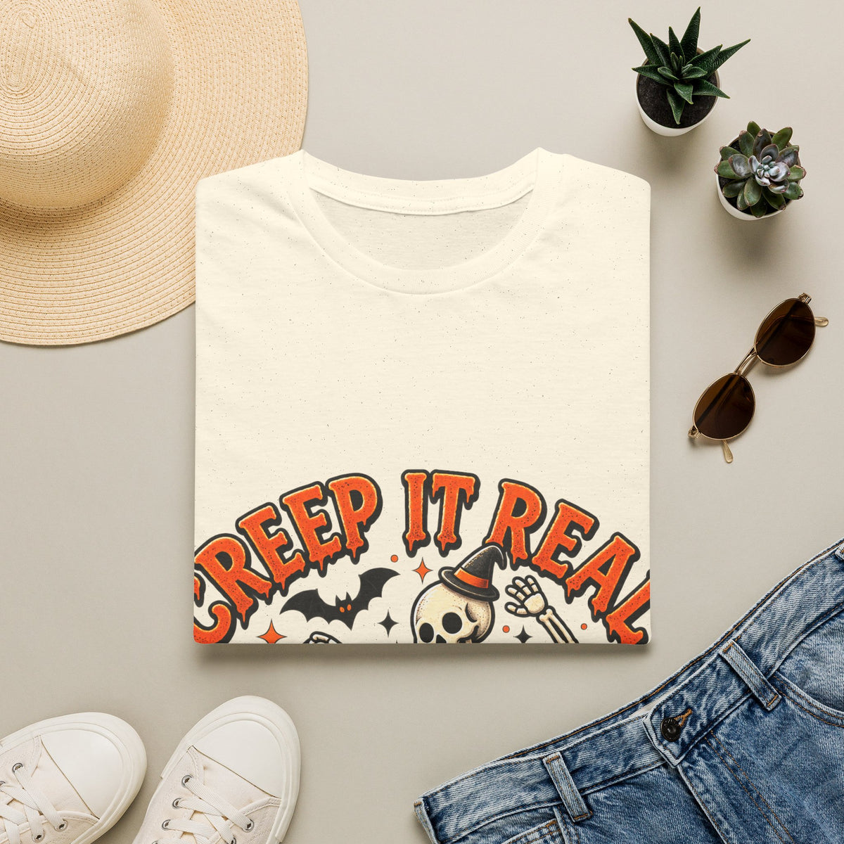 Creep It Real Halloween Adult T-Shirt — Dancing Skeleton & Pumpkin Graphic