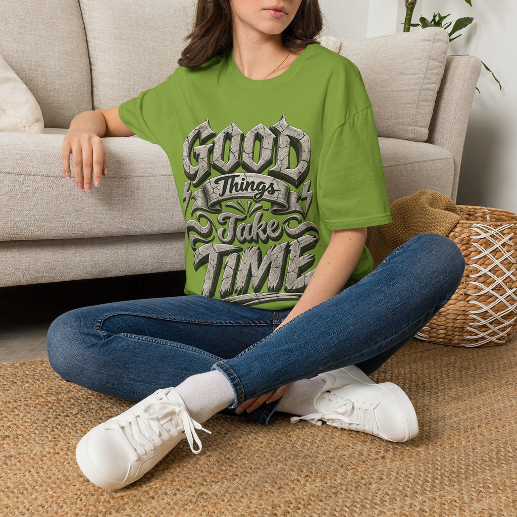 Adult T-Shirt — 'Good Things Take Time' Vintage Script Graphic Tee