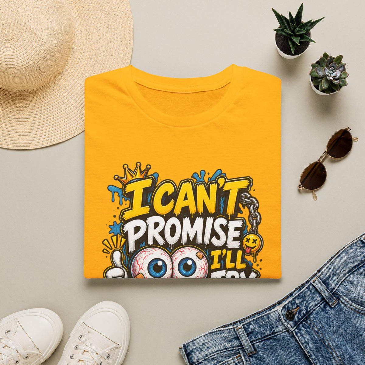 I Can't Promise I'll Try Graphic Adult T-Shirt — Funny Motivational Casual Tee