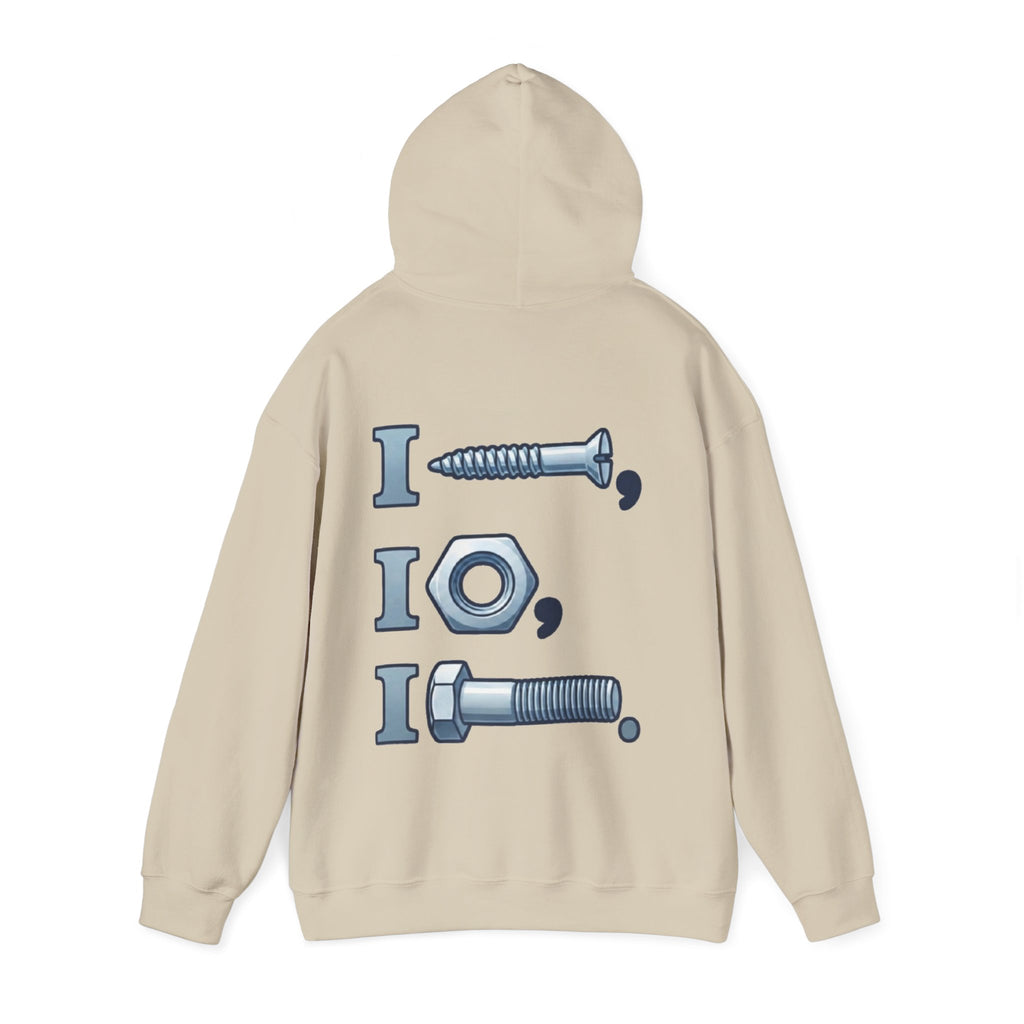 Screw, Nut, Bolt Adult Hoodie — Mechanical Pun Graphic Hooded Sweatshirt