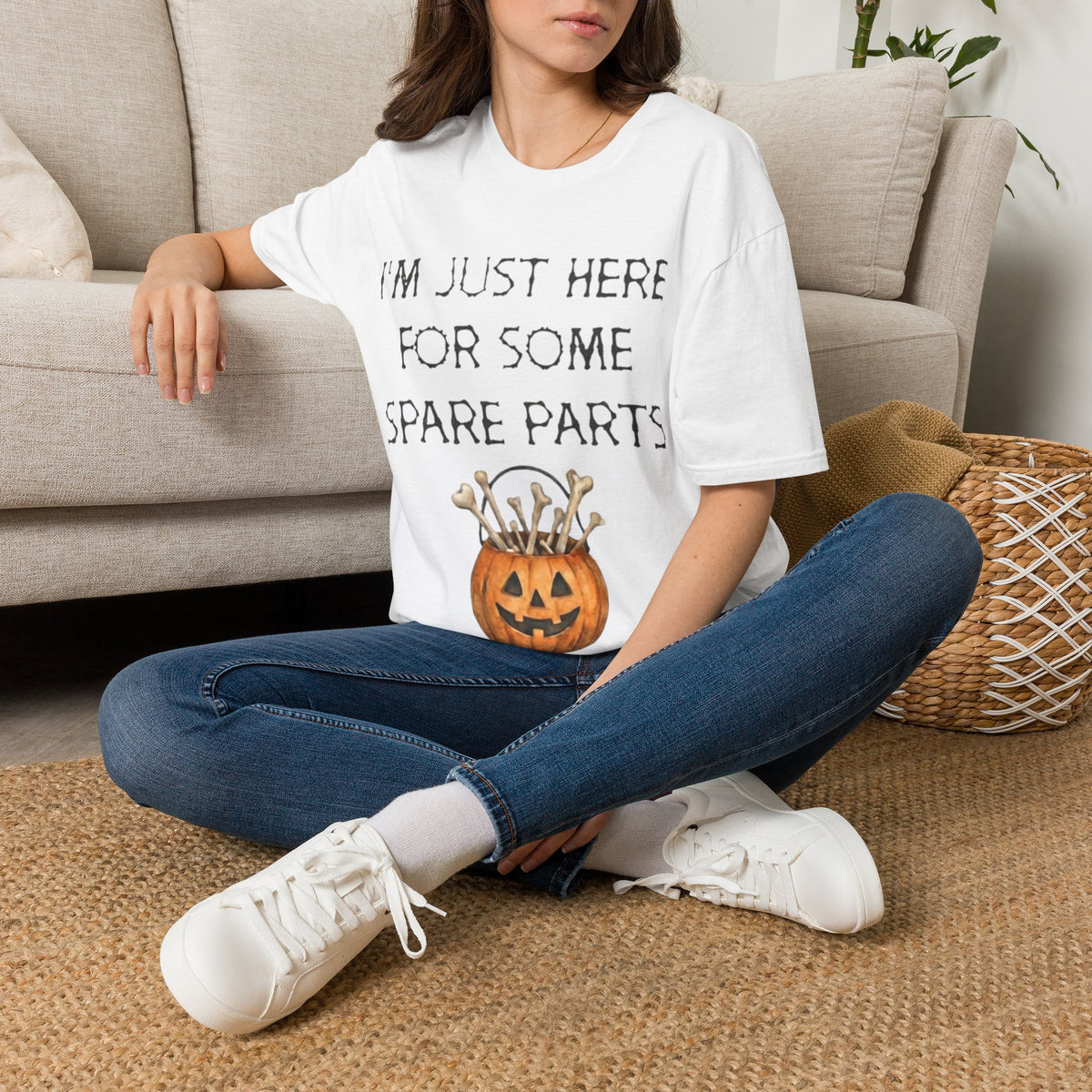 Halloween Pumpkin Jack-o'-Lantern Adult T-Shirt — "I'm Just Here For Some Spare Parts"