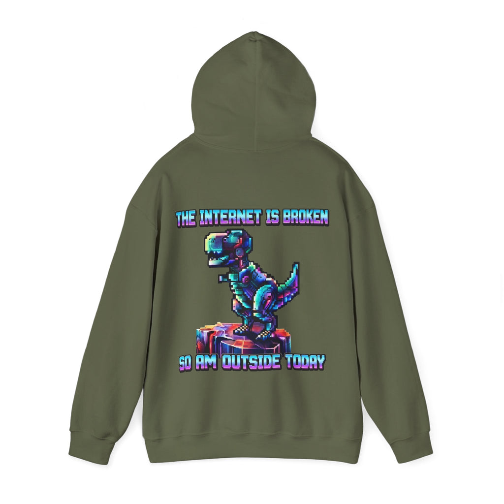 Retro Pixel Dino Adult Hoodie - "The Internet Is Broken So I’m Outside Today"