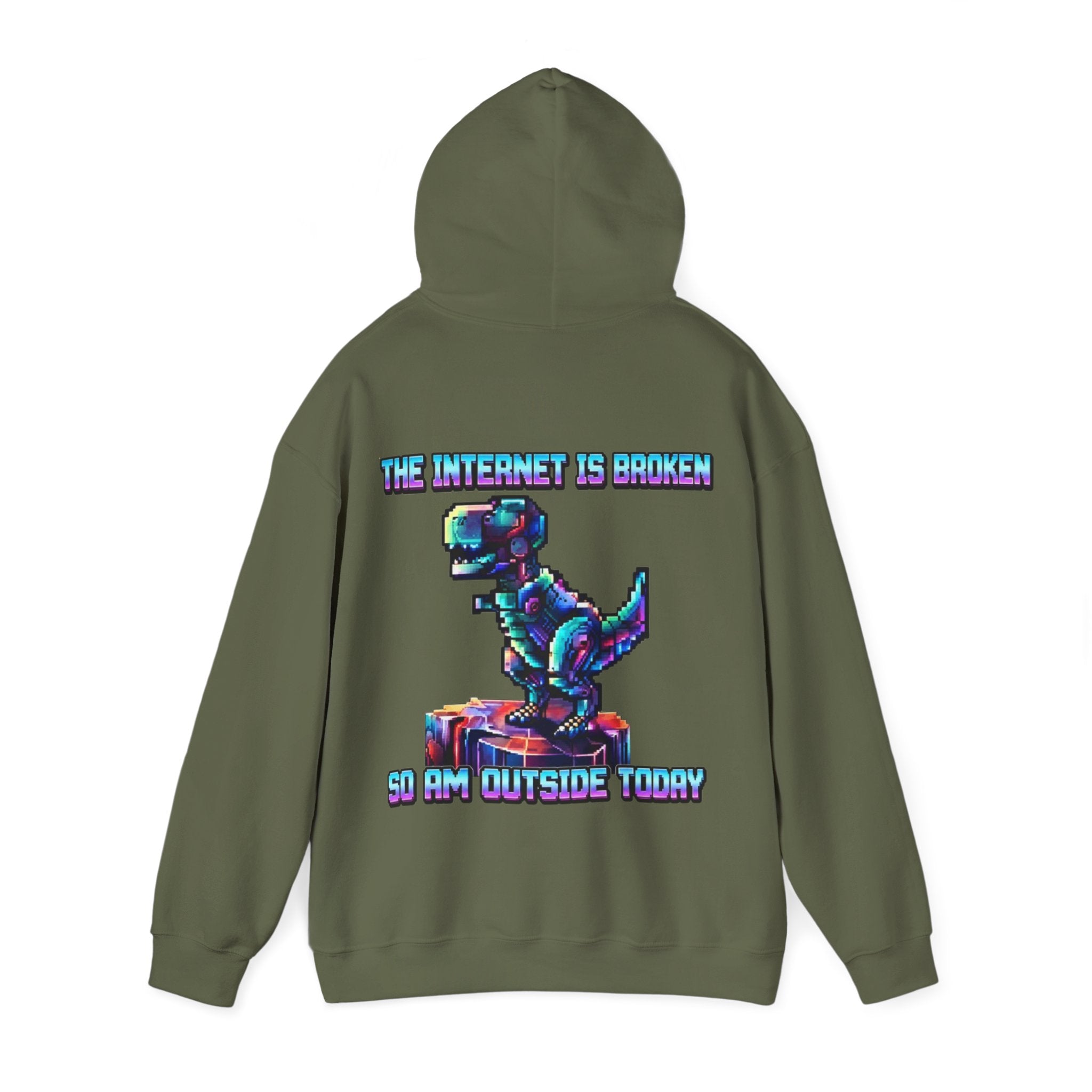 Retro Pixel Dino Adult Hoodie - "The Internet Is Broken So I’m Outside Today"