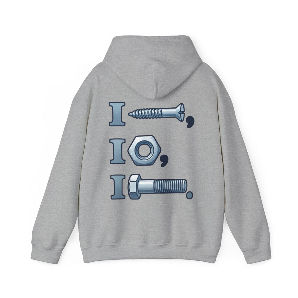 Screw, Nut, Bolt Adult Hoodie — Mechanical Pun Graphic Hooded Sweatshirt