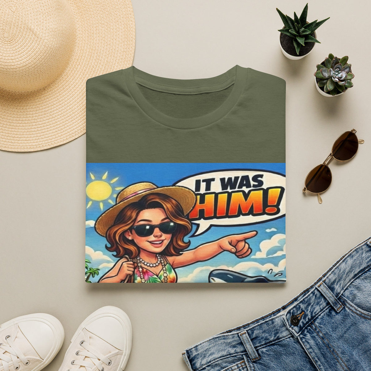 Adult T-Shirt — 'It Was Him!' Beach Shark Graphic Tee