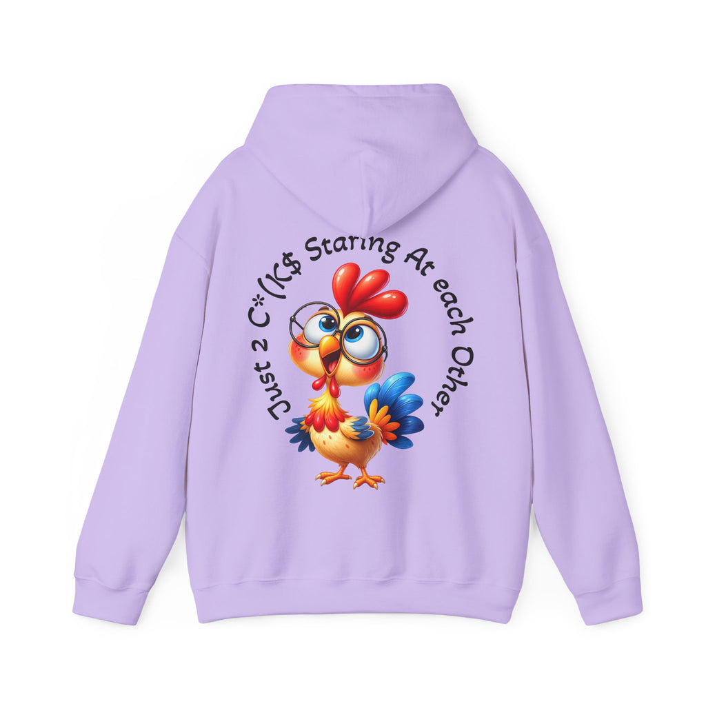 Adult Hoodie — Cute Cartoon Chicken “Just 2 C*#ks Staring At Each Other” Funny Graphic Hoodie