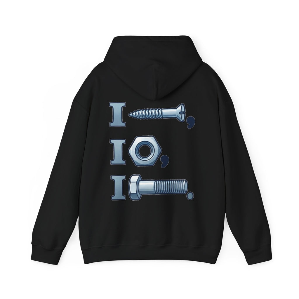 Screw, Nut, Bolt Adult Hoodie — Mechanical Pun Graphic Hooded Sweatshirt