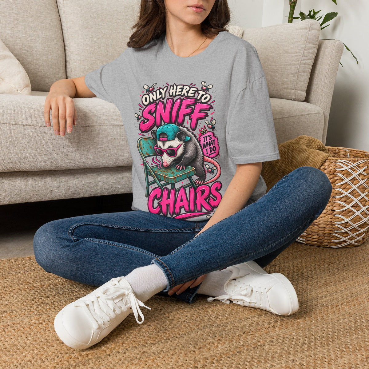 Adult T-Shirt — "Only Here to Sniff Chairs" Cute Ferret Graphic Tee